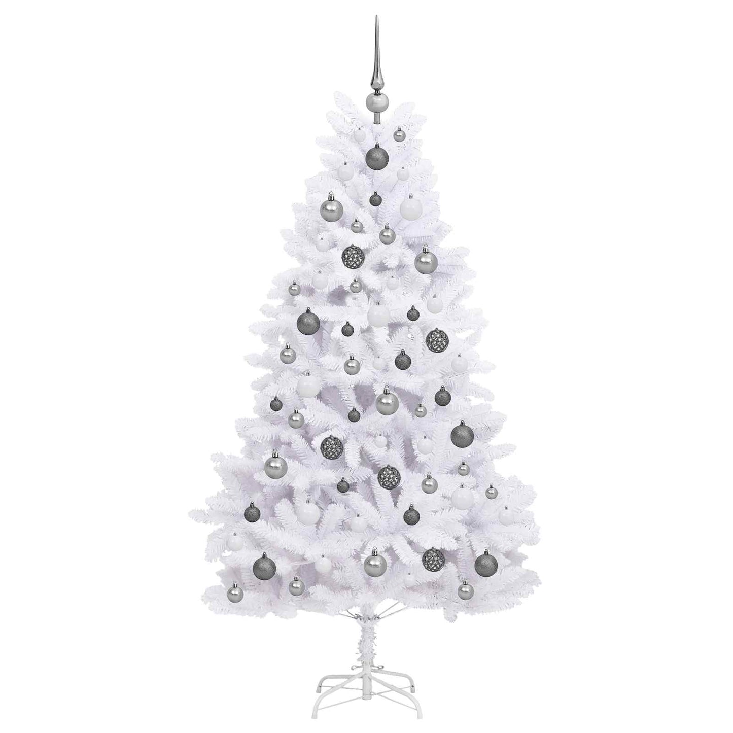 Kunstkerstboom 90 X 90 X Pvc En Metaal Wit 180 cm met LED's en witte/grijze ballen