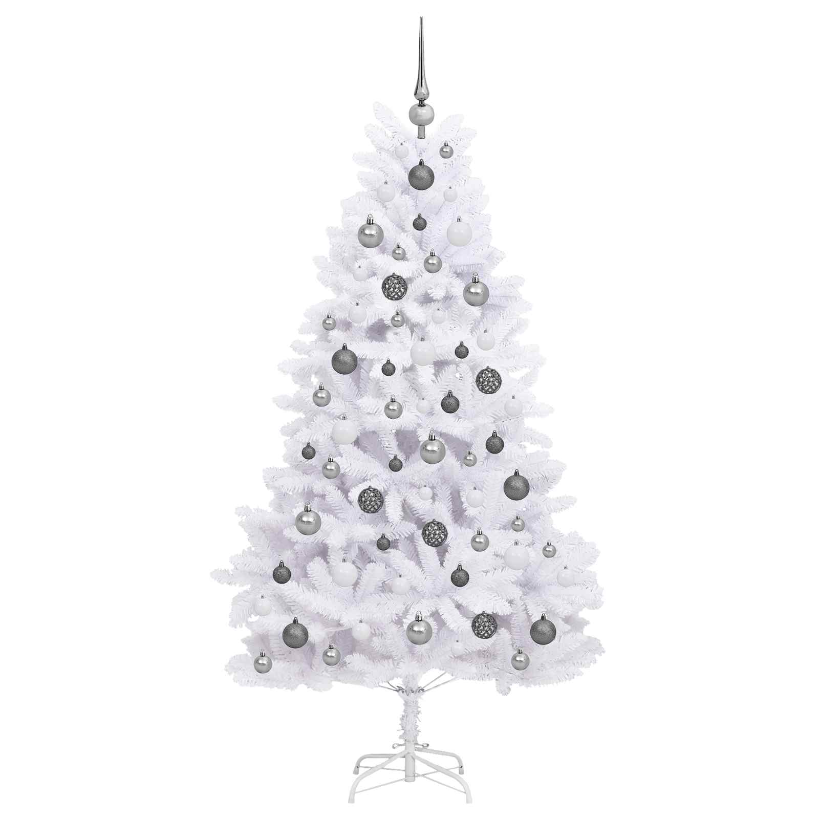 Kunstkerstboom 90 X 90 X Pvc En Metaal Wit 180 cm met LED's en witte/grijze ballen