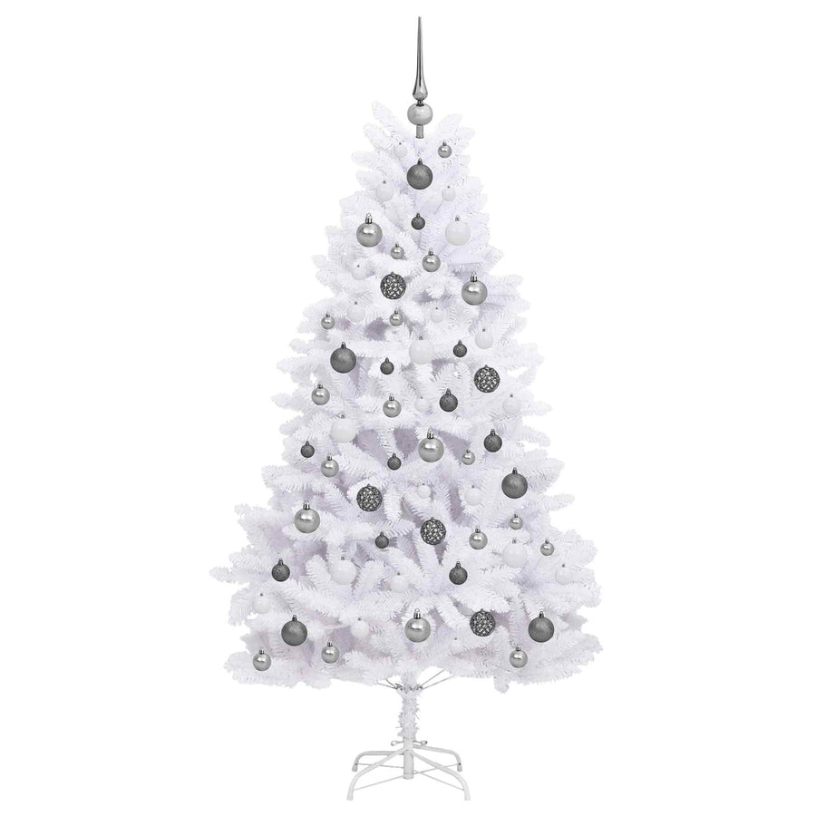 Kunstkerstboom 90 X 90 X Pvc En Metaal Wit 180 cm met LED's en witte/grijze ballen