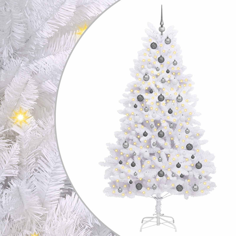 Kunstkerstboom 106 X 106 X Pvc En Metaal Wit 210 cm met LED's en witte/grijze ballen