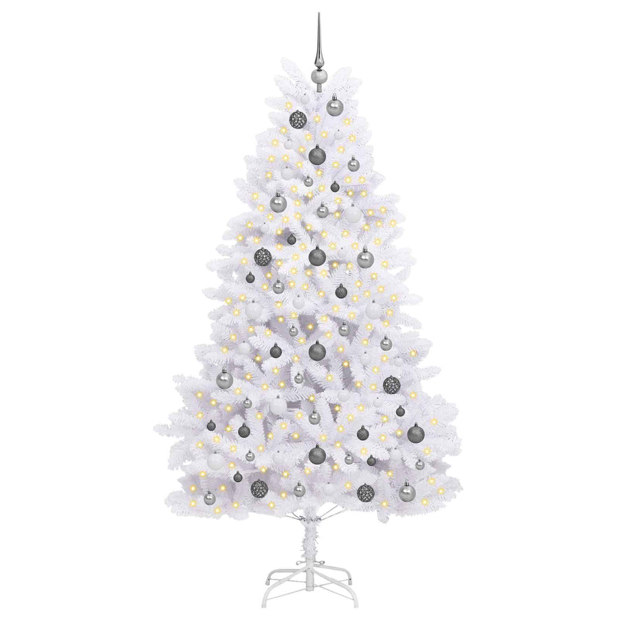 Kunstkerstboom 106 X 106 X Pvc En Metaal Wit 210 cm met LED's en witte/grijze ballen