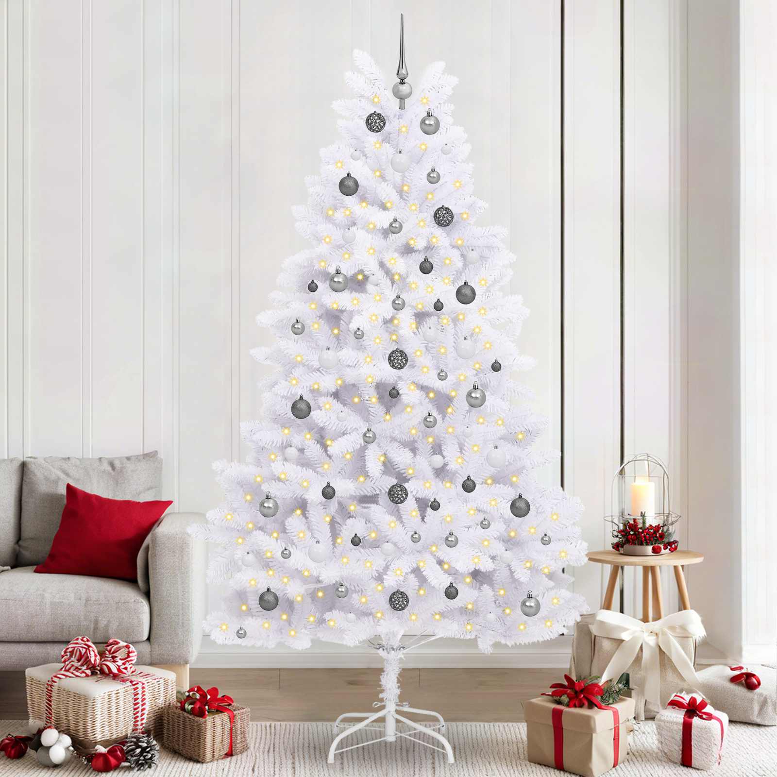 Kunstkerstboom 120 X 120 X Pvc En Metaal Wit 240 cm met LED's en witte/grijze ballen