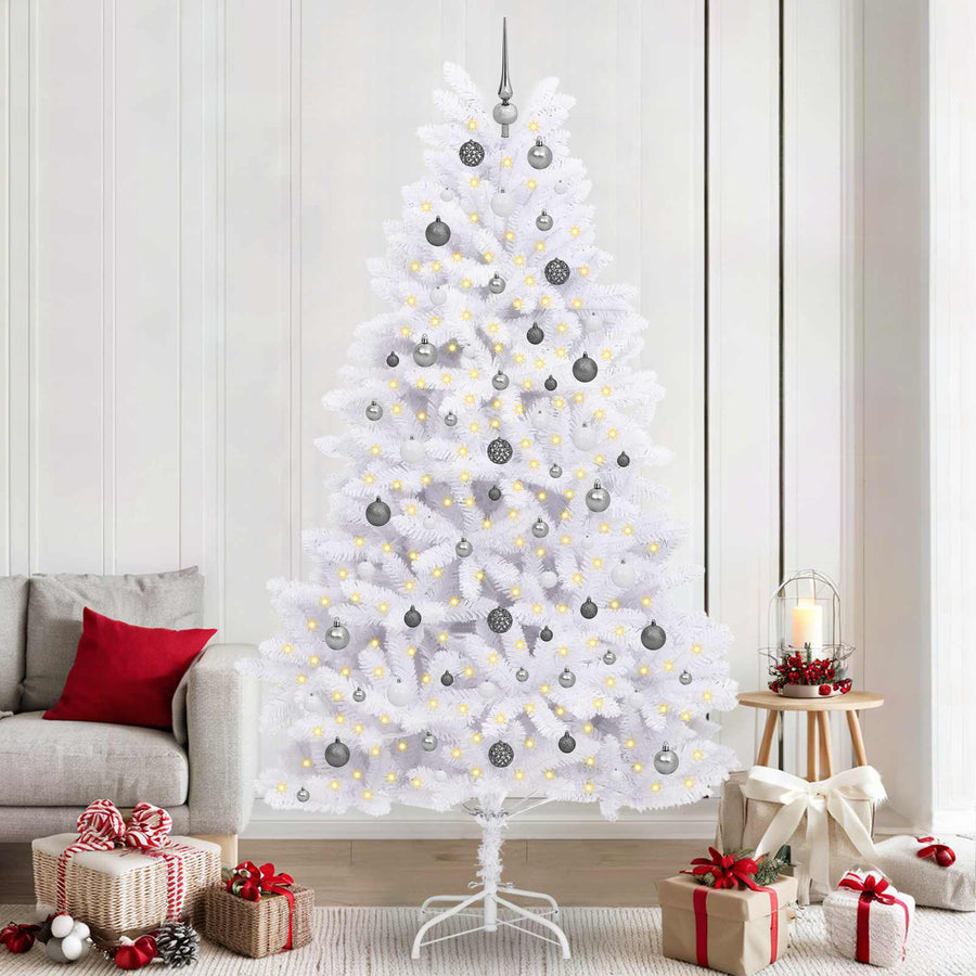 Kunstkerstboom 120 X 120 X Pvc En Metaal Wit 240 cm met LED's en witte/grijze ballen