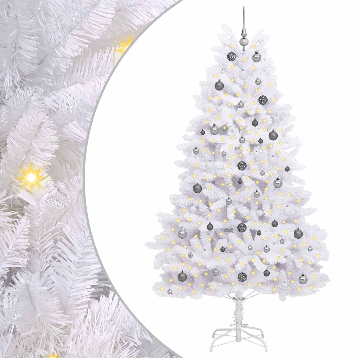 Kunstkerstboom 120 X 120 X Pvc En Metaal Wit 240 cm met LED's en witte/grijze ballen