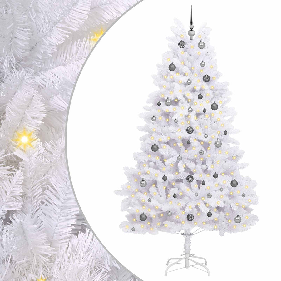 Kunstkerstboom 120 X 120 X Pvc En Metaal Wit 240 cm met LED's en witte/grijze ballen