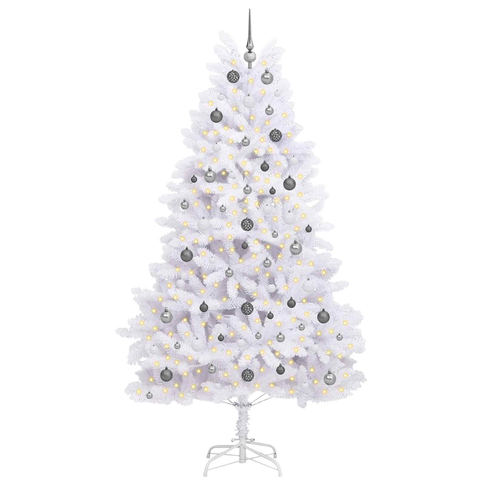 Kunstkerstboom 120 X 120 X Pvc En Metaal Wit 240 cm met LED's en witte/grijze ballen