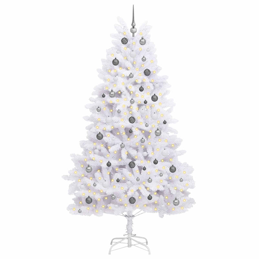 Kunstkerstboom 120 X 120 X Pvc En Metaal Wit 240 cm met LED's en witte/grijze ballen