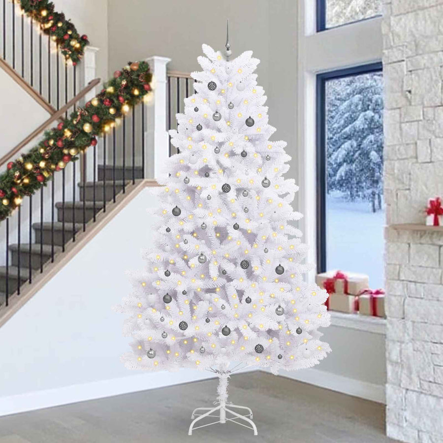 Kunstkerstboom 138 X 138 X Pvc En Metaal Wit 300 cm met LED's en witte/grijze ballen