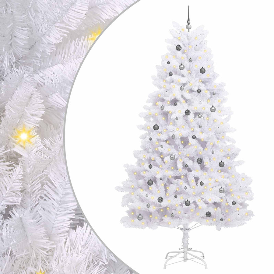 Kunstkerstboom 138 X 138 X Pvc En Metaal Wit 300 cm met LED's en witte/grijze ballen