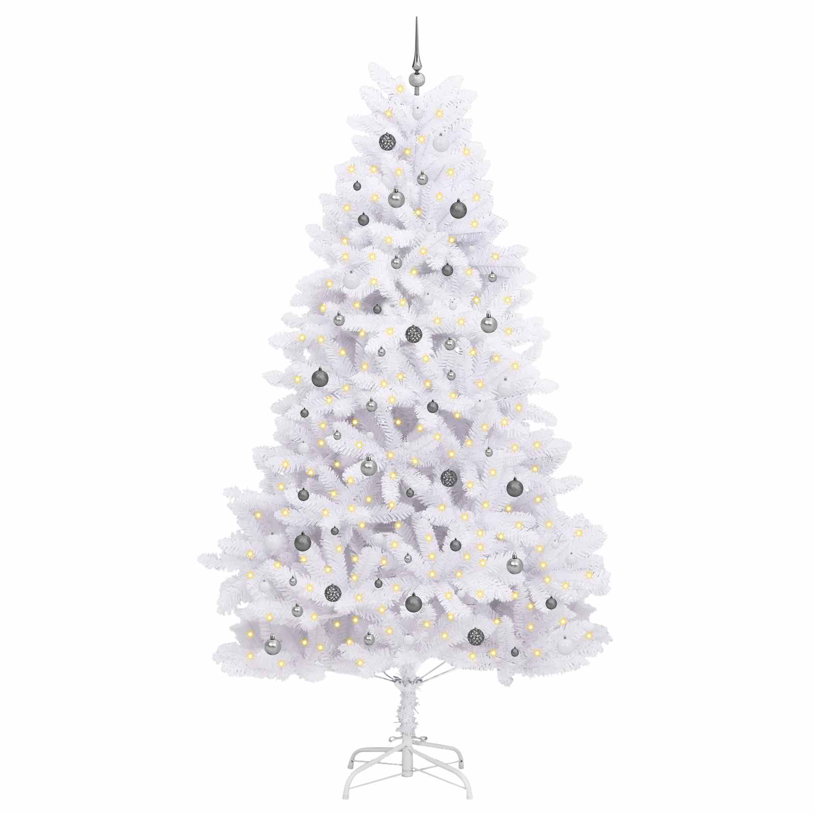 Kunstkerstboom 138 X 138 X Pvc En Metaal Wit 300 cm met LED's en witte/grijze ballen