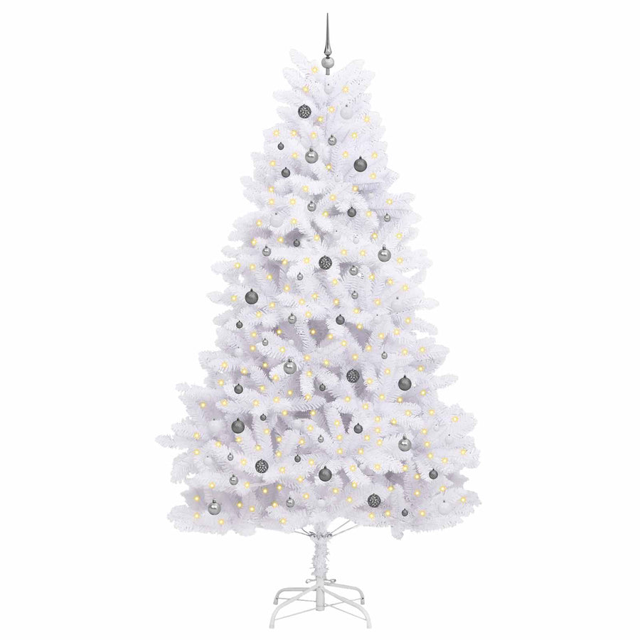 Kunstkerstboom 138 X 138 X Pvc En Metaal Wit 300 cm met LED's en witte/grijze ballen