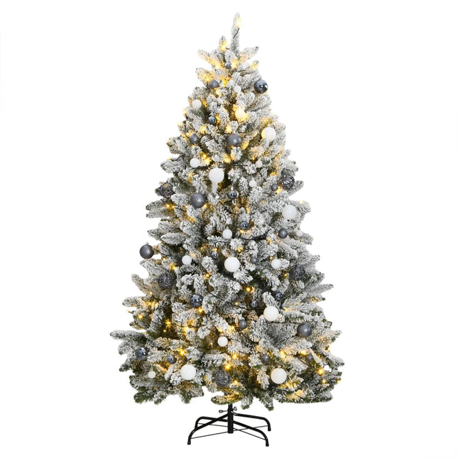 Kunstkerstboom Met Scharnieren 300 Led's En Kerstballen Groen En Wit 180 cm met LED's en witte ballen