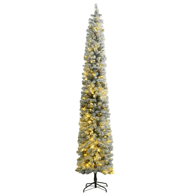 Kerstboom Smal Met 300 Led's Kerstballen En Sneeuw Groen En Wit 270 cm met LED's en goudkleurige ballen