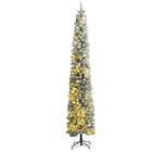 Kerstboom Smal Met 300 Led's Kerstballen En Sneeuw Groen En Wit 270 cm met LED's en witte ballen