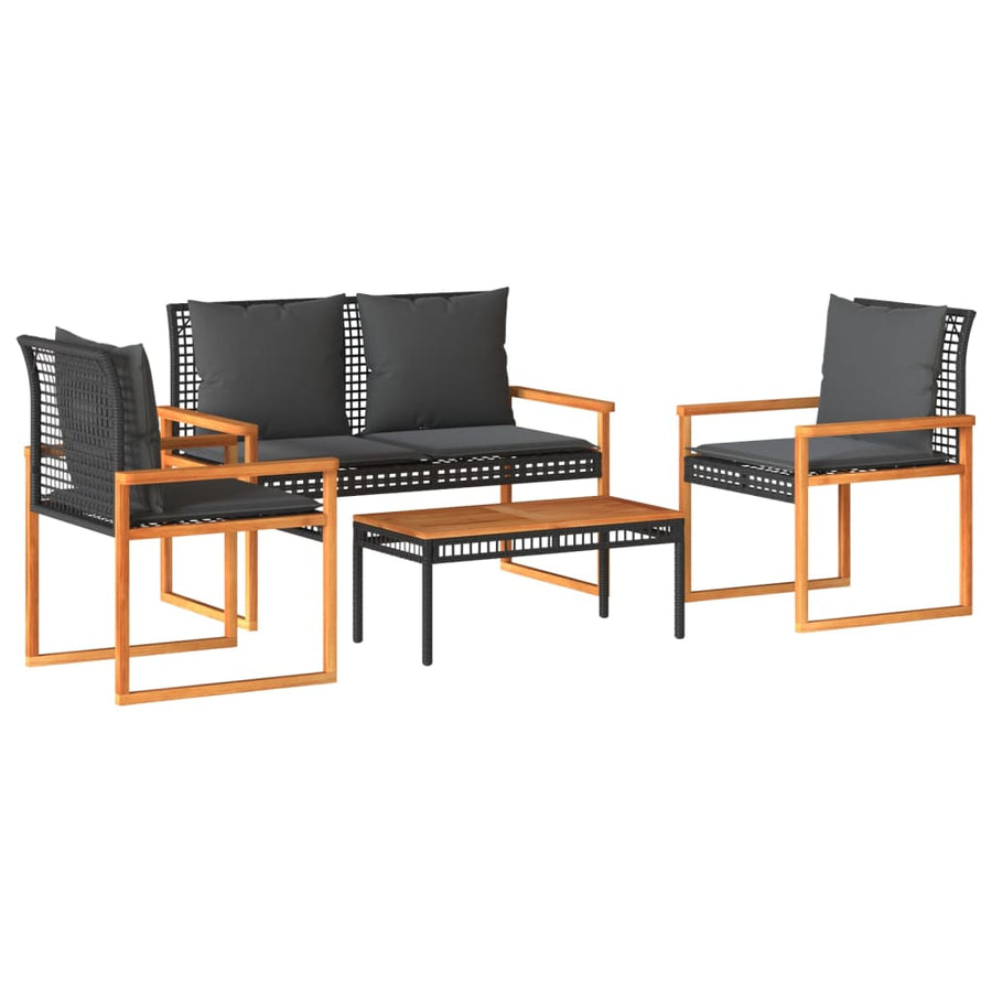 4-delige Loungeset met kussens poly rattan zwart