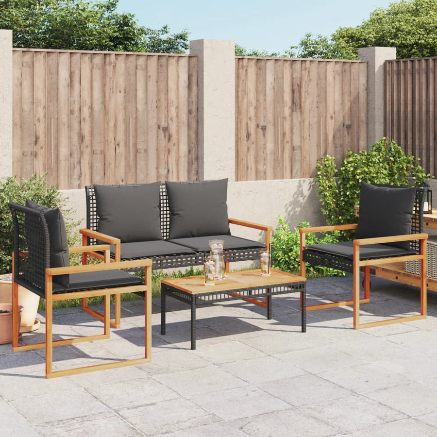 4-delige Loungeset met kussens poly rattan zwart
