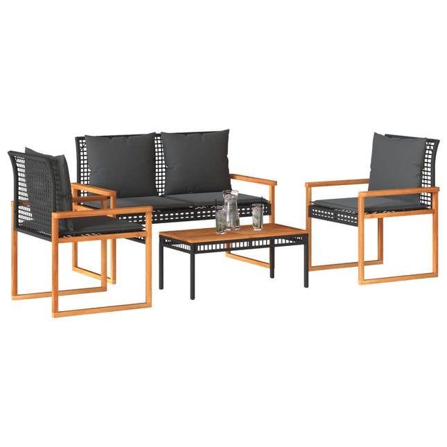 4-delige Loungeset met kussens poly rattan zwart