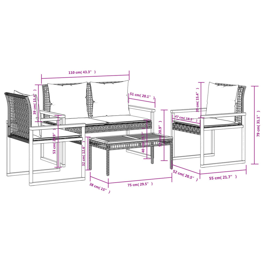4-delige Loungeset met kussens poly rattan gemengd beige