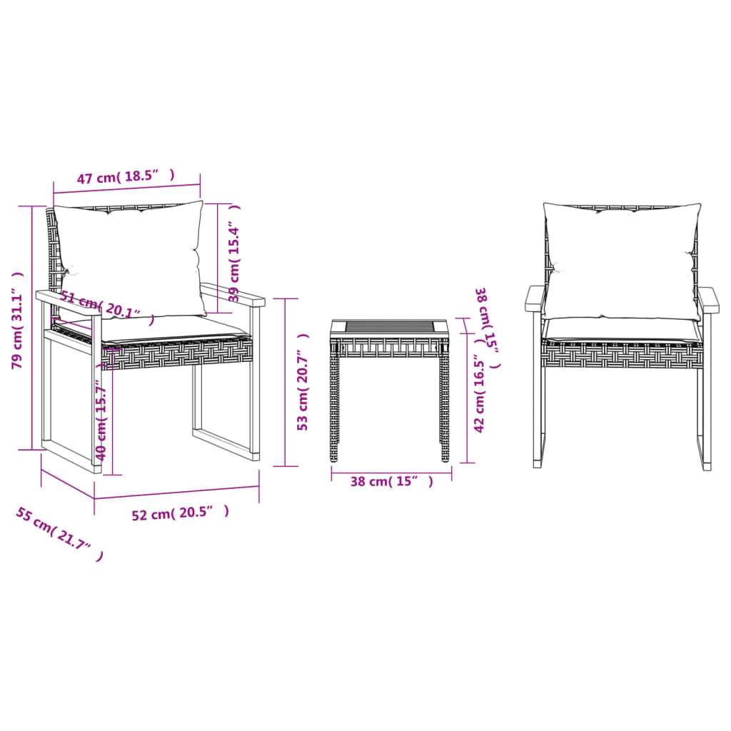 3-delige Bistroset en kussens poly rattan en hout gemengd beige