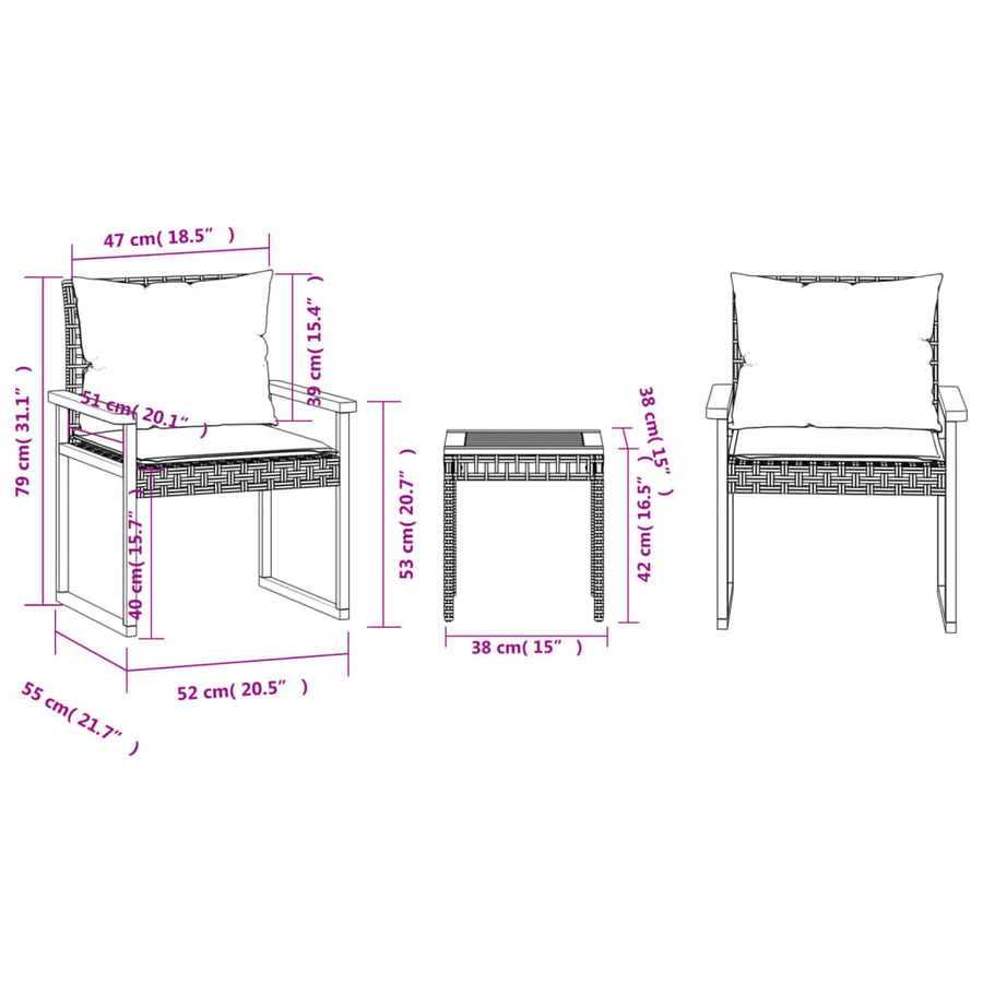 3-delige Bistroset en kussens poly rattan en hout gemengd beige