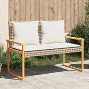 Garden bench with cushion poly rattan and acacia wood mixed beige