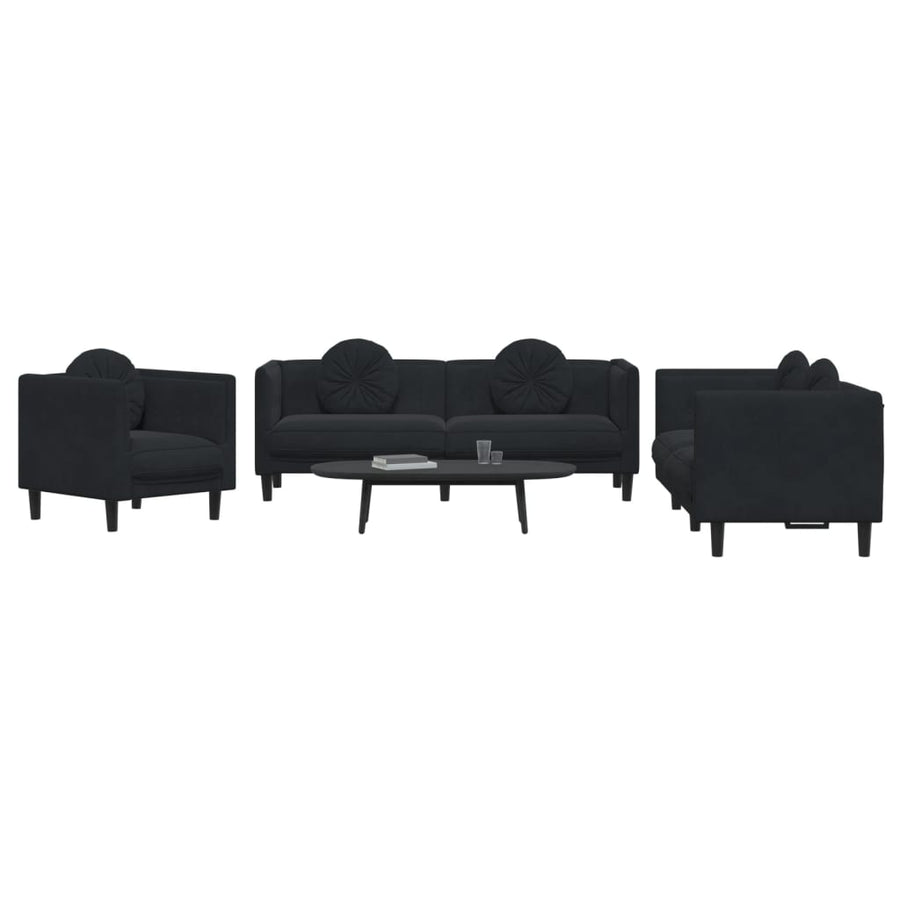 3-delige Loungeset met kussens fluweel zwart