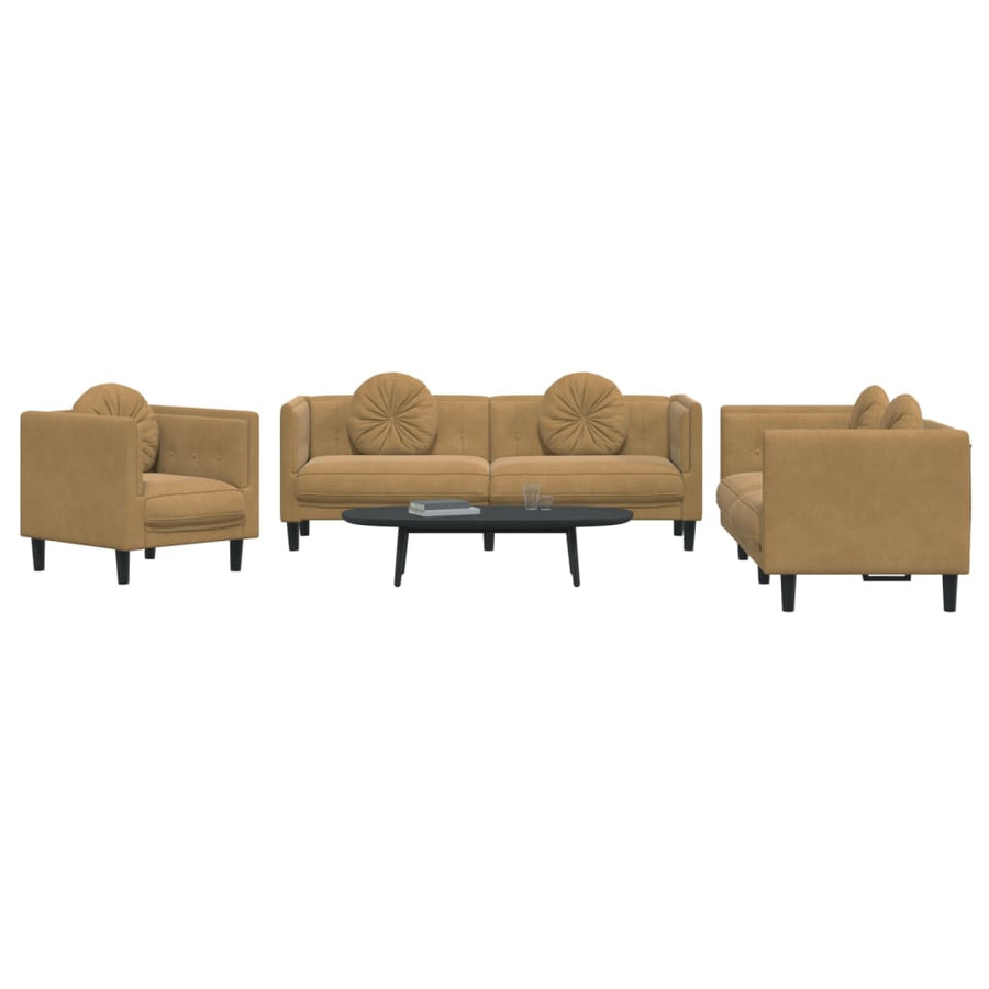 3-delige Loungeset met kussens fluweel bruin