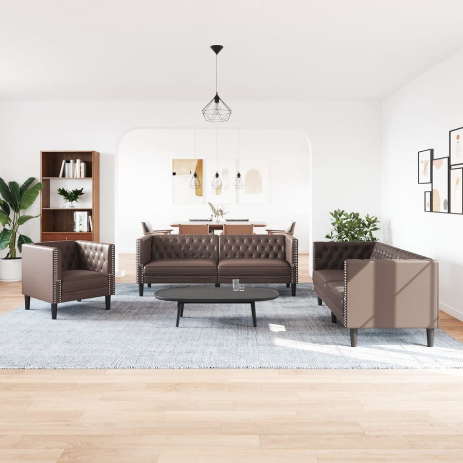 3-Delige Loungeset Chesterfield-Stijl Kunstleer Bruin
