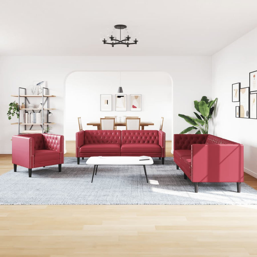 3-delige Loungeset Chesterfield-stijl kunstleer wijnrood