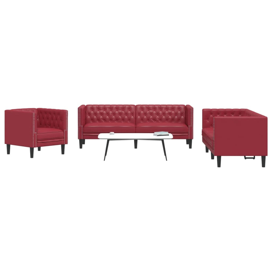 3-delige Loungeset Chesterfield-stijl kunstleer wijnrood