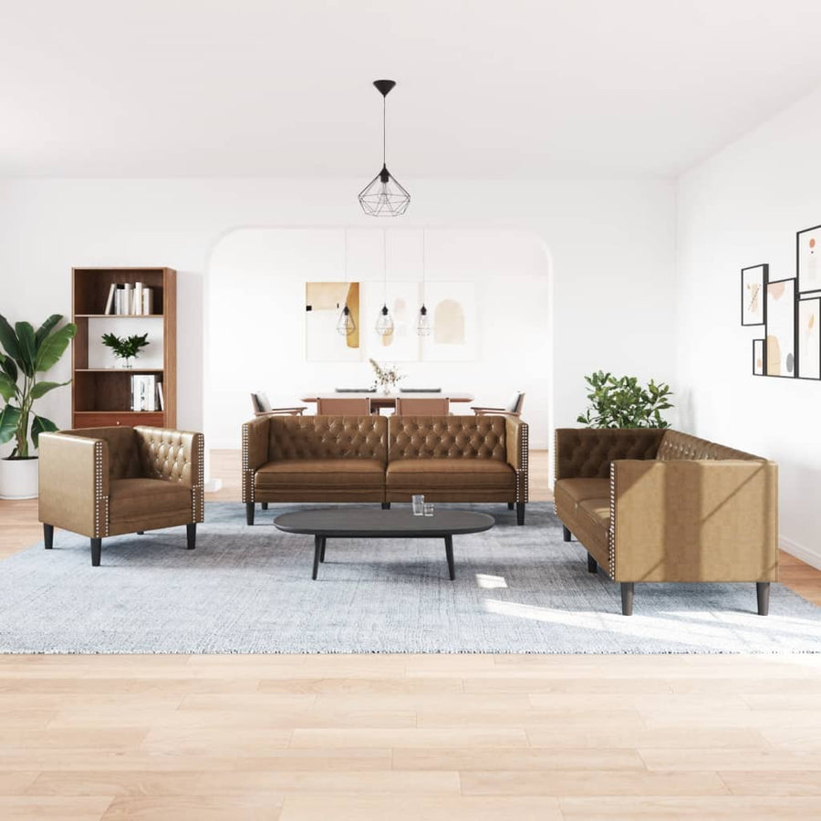 3-delige Loungeset Chesterfield-stijl kunstsuède bruin