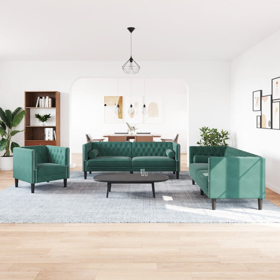 3-Delige Loungeset Chesterfield En Bolsters Fluweel Donkergroen