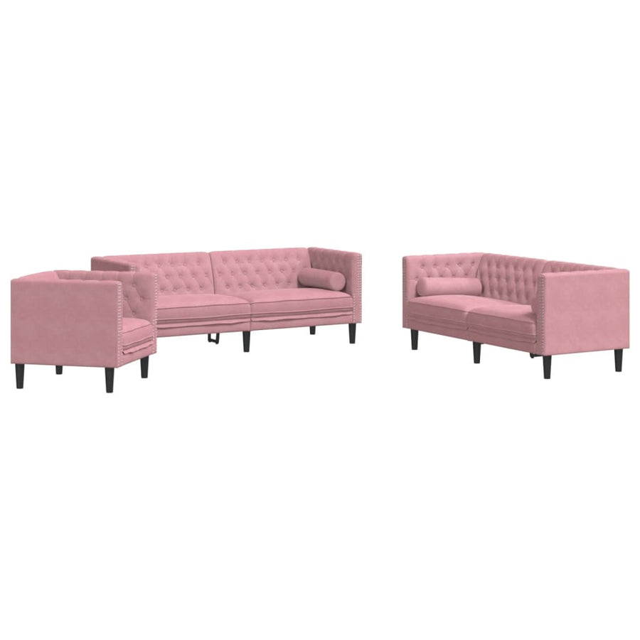 3-delige Loungeset Chesterfield met bolsters fluweel roze