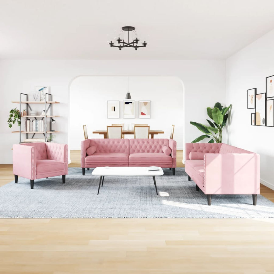3-delige Loungeset Chesterfield met bolsters fluweel roze
