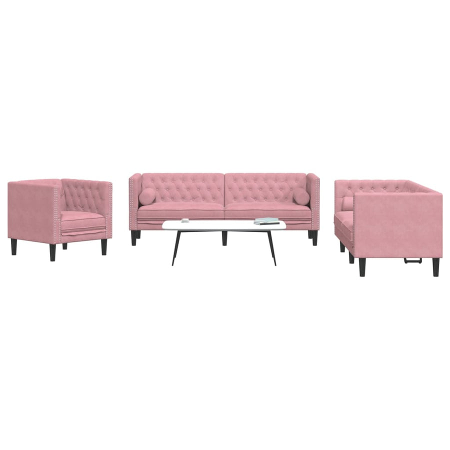 3-delige Loungeset Chesterfield met bolsters fluweel roze