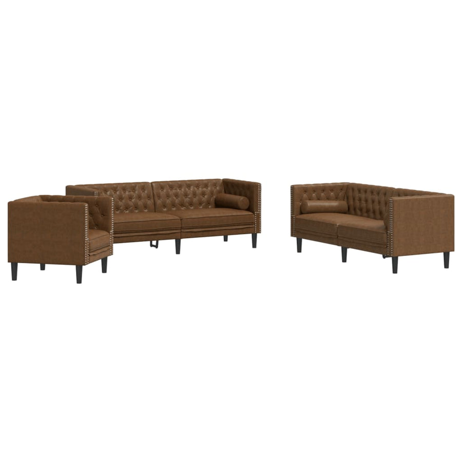 3-Delige Loungeset Chesterfield Met Bolsters Kunstsuède Bruin