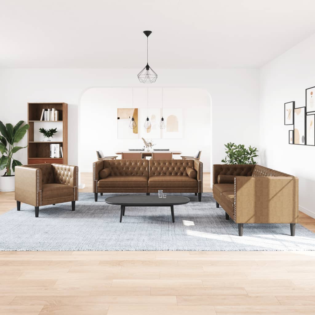 3-Delige Loungeset Chesterfield Met Bolsters Kunstsuède Bruin