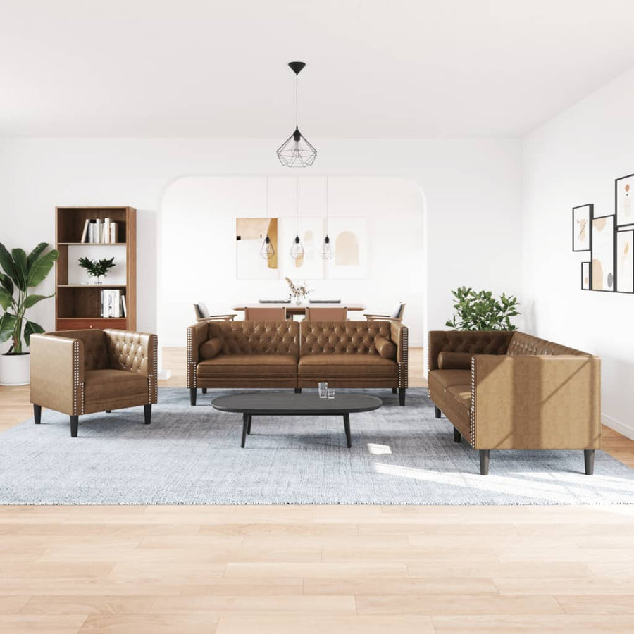 3-Delige Loungeset Chesterfield Met Bolsters Kunstsuède Bruin