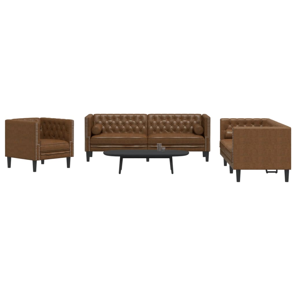 3-Delige Loungeset Chesterfield Met Bolsters Kunstsuède Bruin