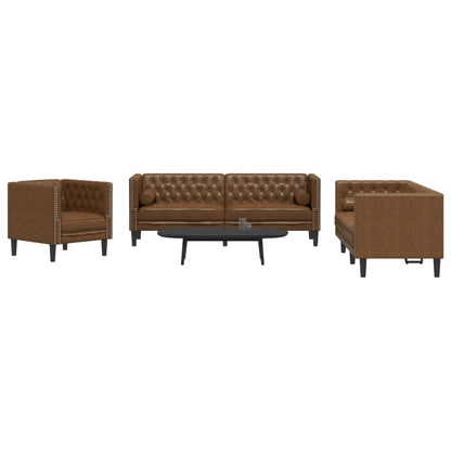 3-Delige Loungeset Chesterfield Met Bolsters Kunstsuède Bruin
