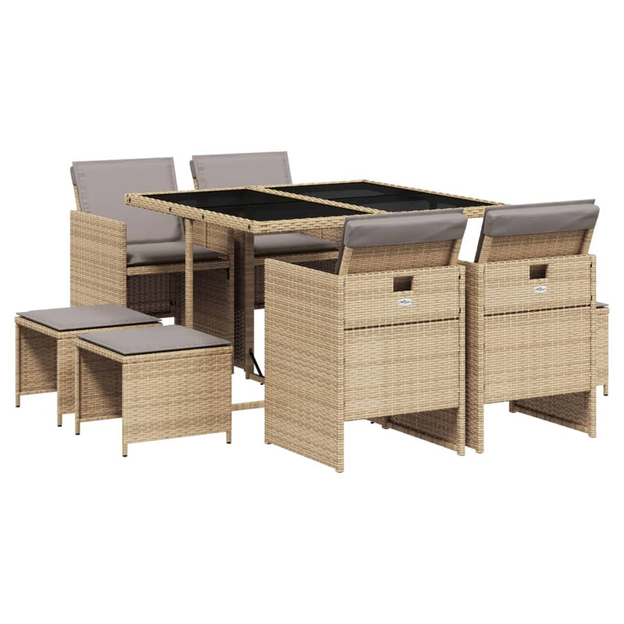 9-Delige Tuinset Met Kussens Poly Rattan 8 Gemengd beige Glas