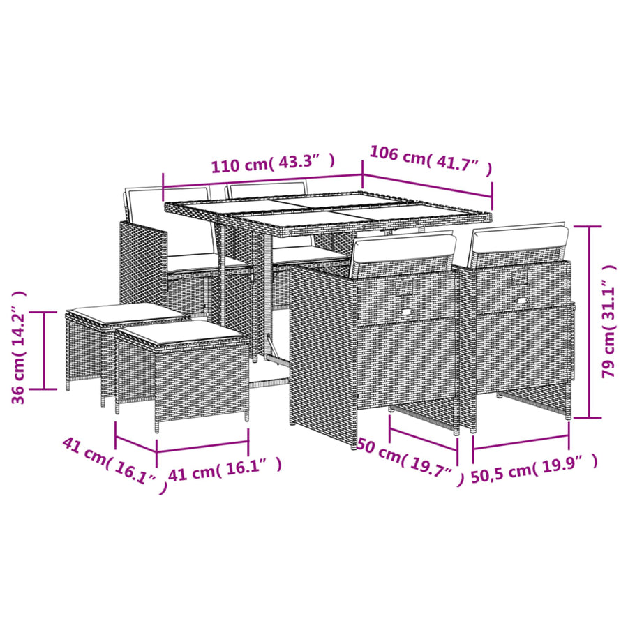 9-Delige Tuinset Met Kussens Poly Rattan 8 Gemengd beige Glas