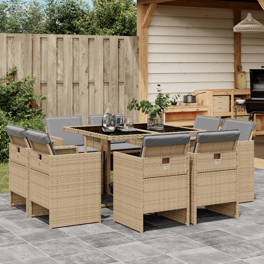 9-Delige Tuinset Met Kussens Poly Rattan 8 Gemengd beige Glas