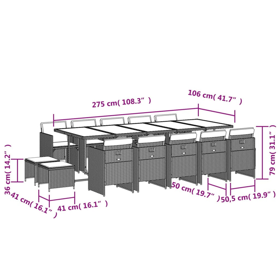 15-Delige Tuinset Met Kussens Poly Rattan 14 Gemengd beige Glas
