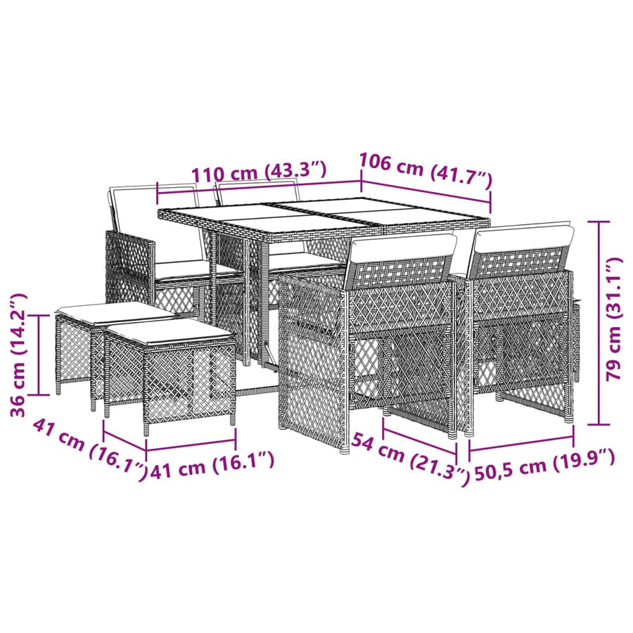 9-delige Tuinset met kussens poly rattan beige