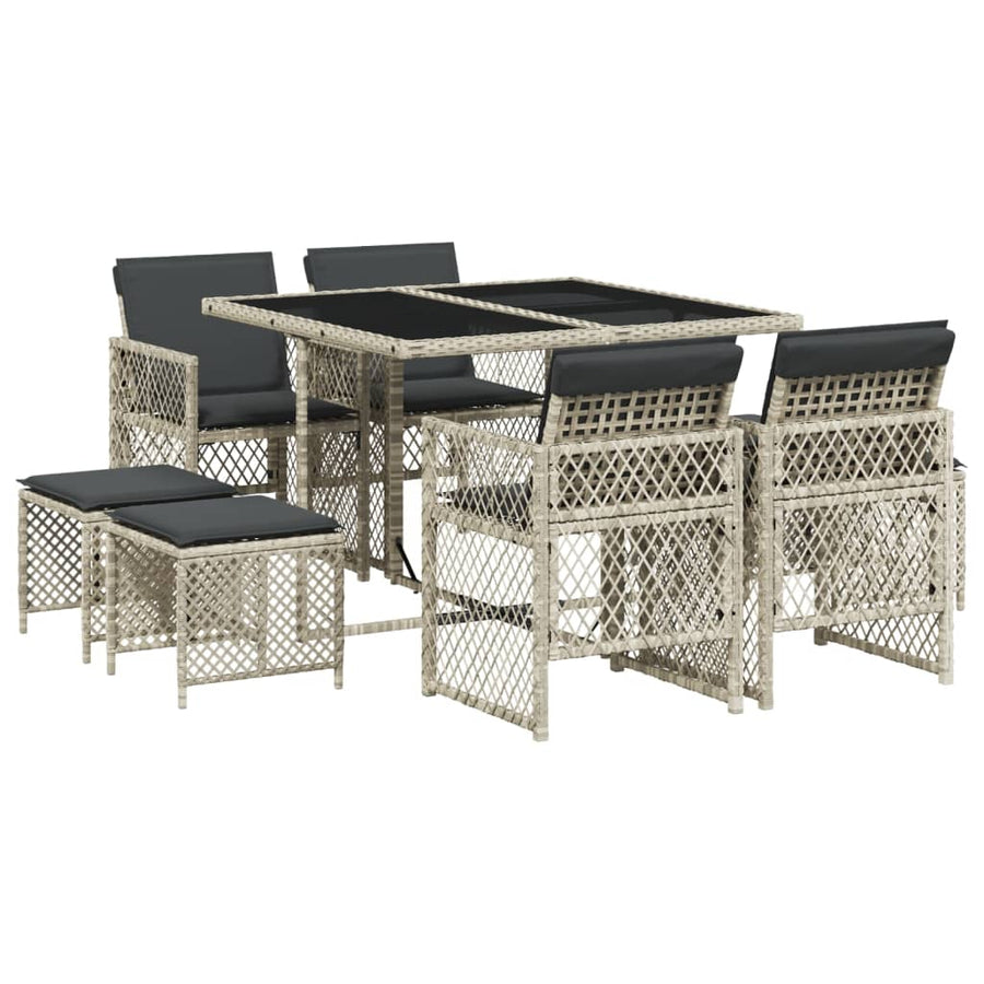 9-delige Tuinset met kussens poly rattan lichtgrijs
