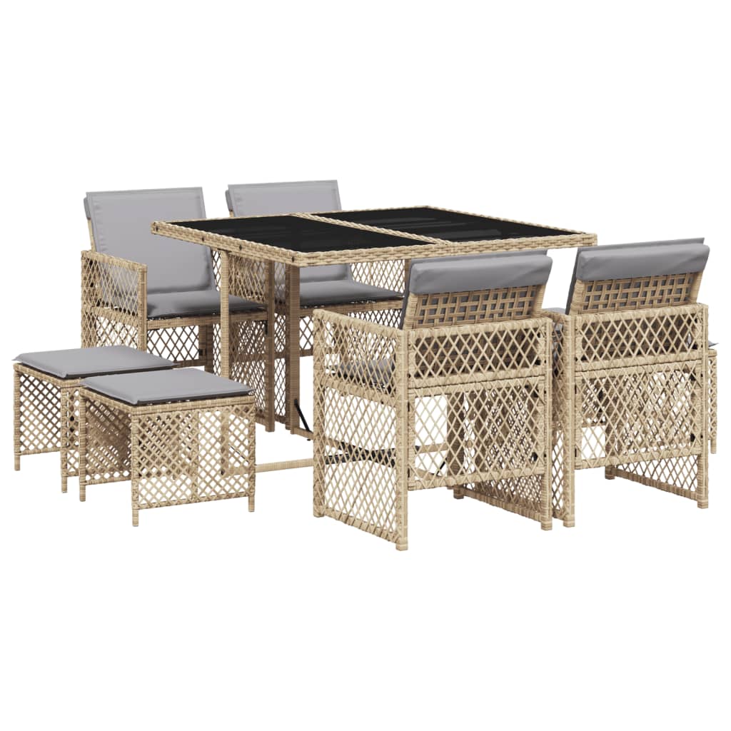 9-delige Tuinset met kussens poly rattan beige