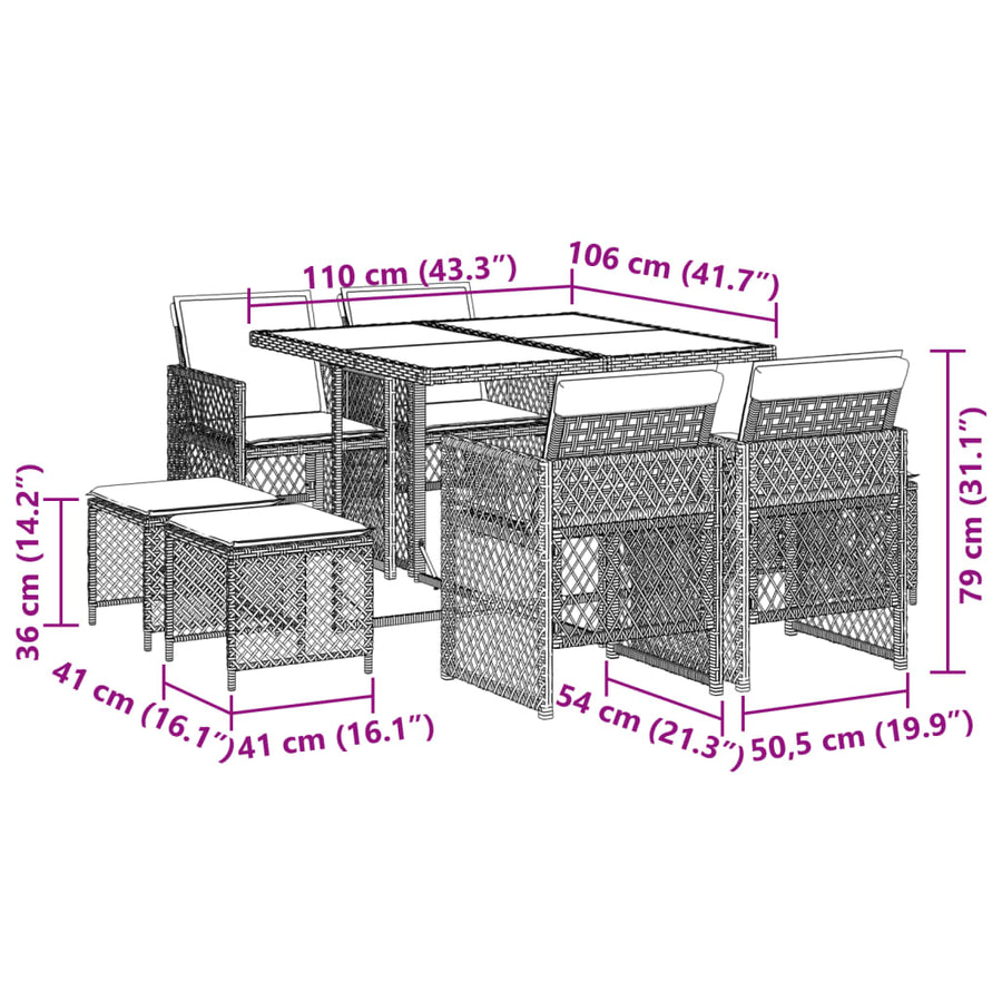 9-delige Tuinset met kussens poly rattan beige