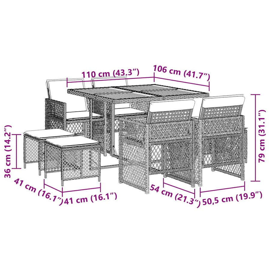 9-delige Tuinset met kussens poly rattan beige