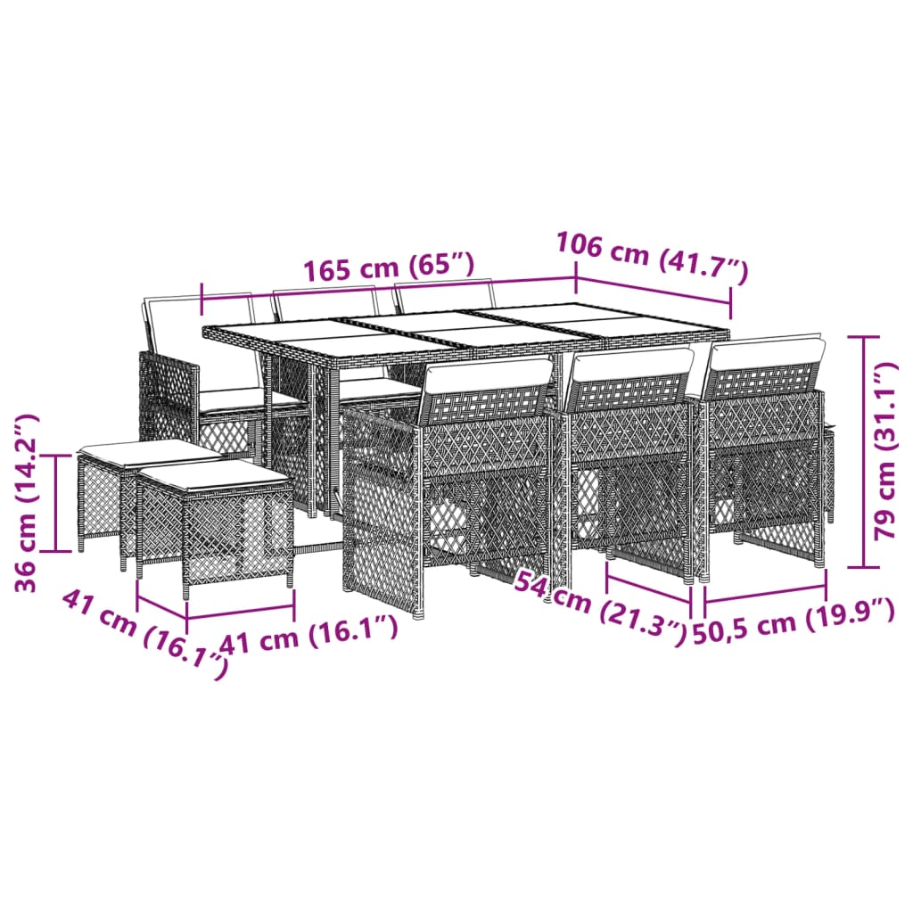 11-delige Tuinset met kussens poly rattan lichtgrijs